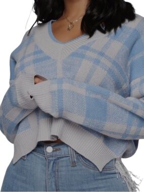 Fashion Nova 'Living The Comfy Life Cropped Sweater' in Plaid Blue L